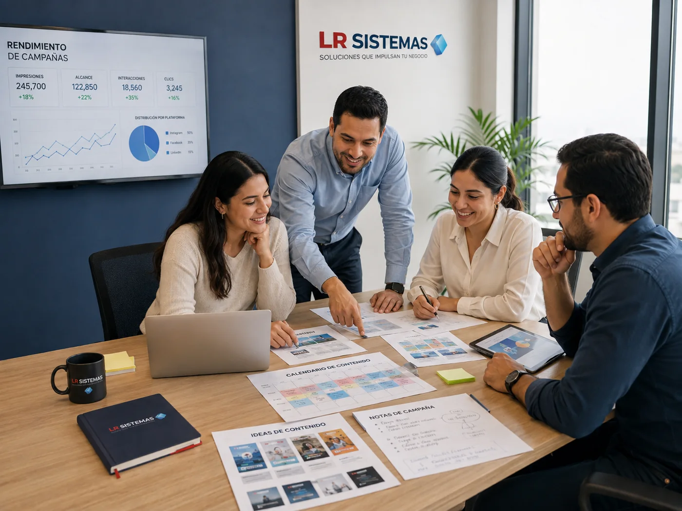Equipo planeando campañas de marketing digital y contenido para redes sociales